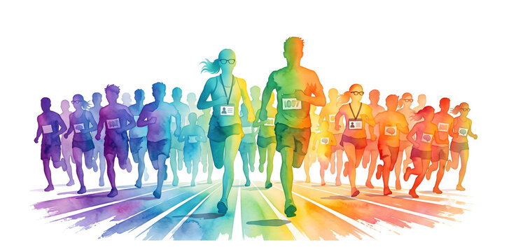 Sports Day Marathon Event: Dynamic running competition design with colorful silhouettes, champion victory, and teamwork group concept.
