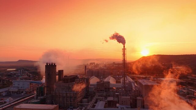 Industrial plant silhouette emitting smoke at sunset. Thick smoke plumes catch warm golden sunlight above dark factory structures during evening twilight.