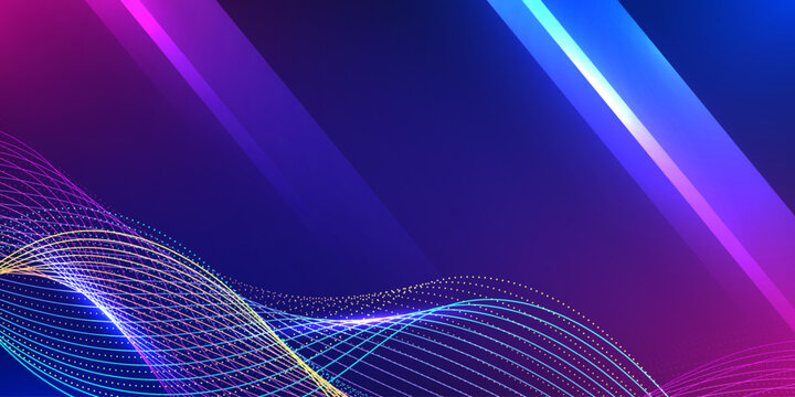 Digital glowing particle wave on blue and violet background with light beam. Design for technology science cyber business big data smart and AI background.