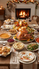 Fototapeta premium A festive Thanksgiving dinner table laden with a roasted turkey, side dishes, and pie, set before a warm, crackling fireplace, symbolizing abundance, togetherness, and the autumn harvest