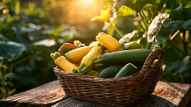 Fresh zucchini and squash nestled inside a rustic woven basket, bathed in golden sunlight, representing abundance and a healthy, natural lifestyle concept
