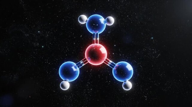 Futuristic animation showing the process of a chemical reaction, where individual atoms collide and combine to form a new molecule, releasing a powerful burst of energy in the process