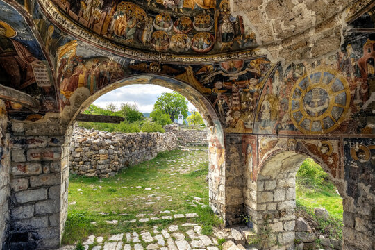 Albania, Qark Korca, Vithkuq, Manastiri i Shen Pjetrit, Monastery St. Peter and Paul, fresco paintings in the porch