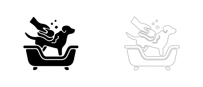 Person washing dog with sponge in tub vector icon filled and outline, pet bathing and grooming wash symbol.