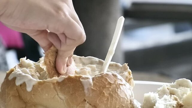 Creamy Seafood Chowder Served Inside Sourdough Bread