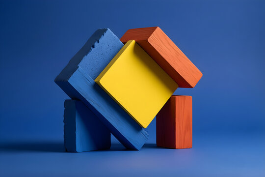 Two unlike interlocking forms supporting a third shared yellow plane