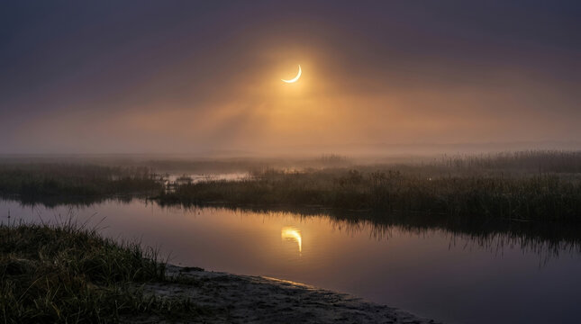 Crescent moon shines over misty river landscape during dusk with golden reflections on water surface perfect for nature background compositions.