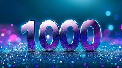 Naklejka premium Glistening 3D Metallic Number 1000 Isolated On Vivid Blue and Purple Bokeh Sparkling Background