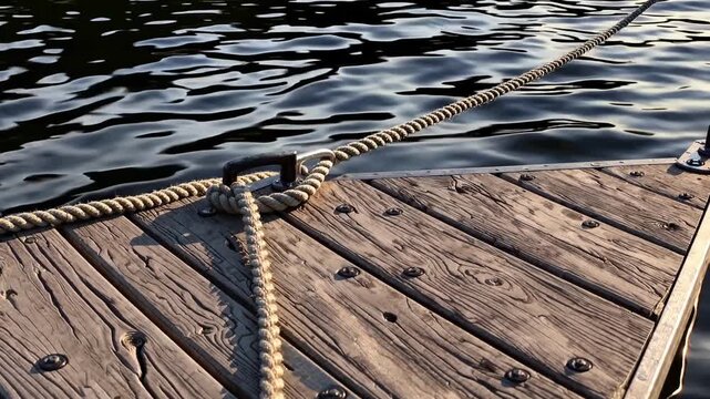 Sturdy mooring rope secured to a metal cleat on a rustic wooden pier, with gentle ripples on the dark water surface reflecting the warm light of the setting sun, creating a peaceful concept