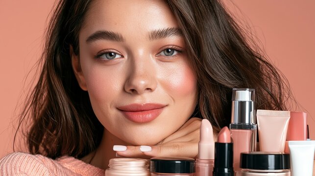 Young woman with gentle makeup looks toward camera, showcasing skincare products against a soft terracotta backdrop, ideal for beauty concept
