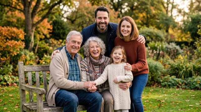 Multi generational family smiling and laughing together on a park bench during autumn with colorful foliage