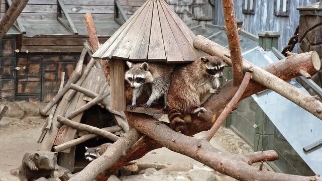 A family of raccoons sitting in a cabin relaxing together, one gnawing log, and the other cleaning his fur. Close-up side view. Animal behavior. Environment of life at a zoo. High quality 4k footage.