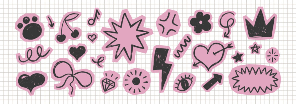 Colorful paper collage elements with hearts, arrows, and bows. Charming scrapbook stickers featuring girly doodles, crayon textures, and handmade paper cutouts for creative projects.
