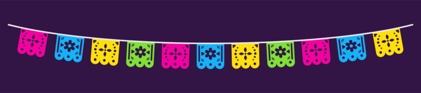 Mexican paper banner with colorful patterns and festive elements. Traditional party decorations featuring vibrant cut designs perfect for celebrations and holidays.