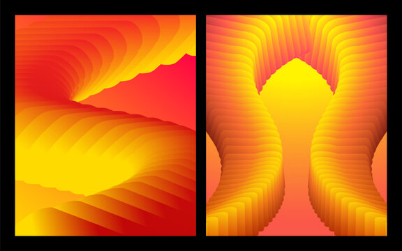 Vibrant orange and yellow fluid wave poster set with dynamic layered gradient ribbons for striking modern presentation backgrounds.