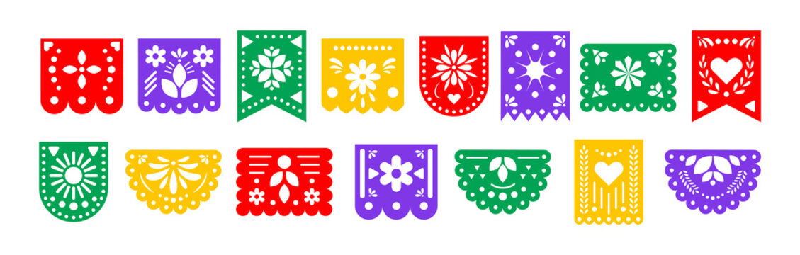 Vibrant Mexican flag bunting with traditional paper cut patterns. Colorful party garland brings authentic fiesta spirit to birthdays, holidays, and festive celebrations worldwide.