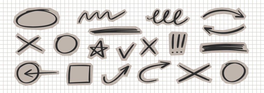 Vector collection of sketched elements including brushed strokes, crayon marks, and doodled icons. Features pencil stras, cross, check and highlight for collage or scrabook projects.