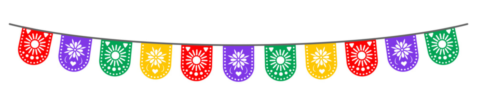 Festive Mexican flag garland with traditional paper cut patterns. Bright decorative elements ideal for parties, fiestas, and cultural celebrations with authentic ethnic flair.