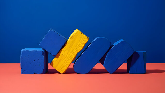 One rough yellow form interrupting a row of five smooth cobalt forms