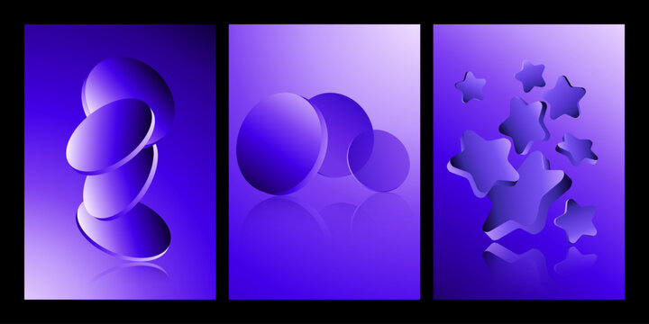 Abstract purple geometric shapes poster set with shiny 3d spheres and stars on gradient backdrop for modern digital background design.