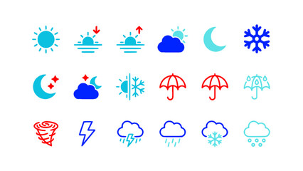 Obraz premium Bright hand-drawn weather and seasonal symbols including sun, clouds, rain, snow, wind, and lightning.
