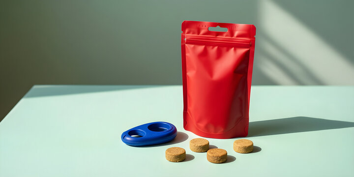 One red treat pouch cobalt clicker and five plain reward pieces