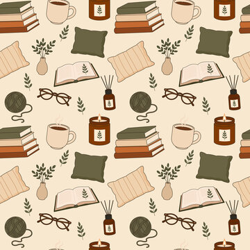 Seamless cozy home pattern with books, hot drinks, candles, pillows, plants, glasses, yarn and other decorative lifestyle elements in warm neutral colors.