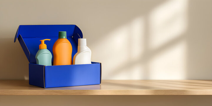 One cobalt open box holding three clean household items