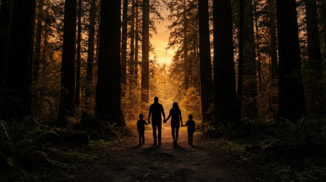 Family of four holding hands walks down dirt path surrounded by towering redwood forest trees during glowing orange sunset in California.
