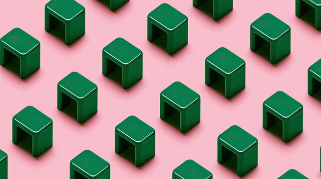 Repeating pattern of minimalist green cube stools on a pink background