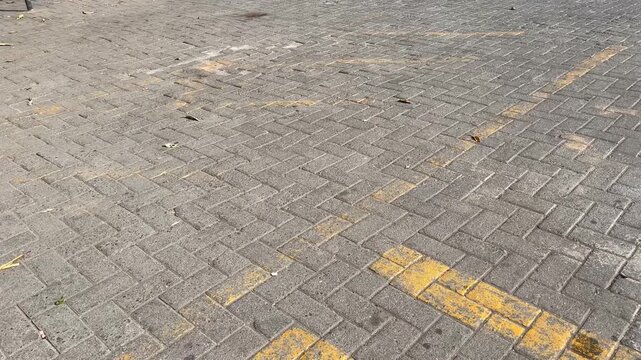 Outdoor paving stone texture with yellow parking line
