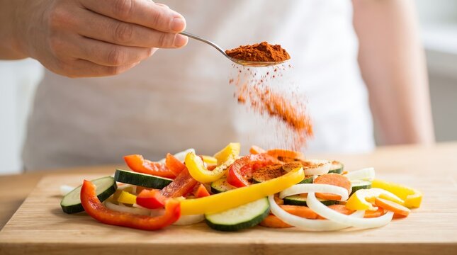 Close up of person hand sprinkling paprika powder with spoon over sliced fresh vegetable on wooden cutting board. Healthy cooking and seasoning food concept for diet meal preparation