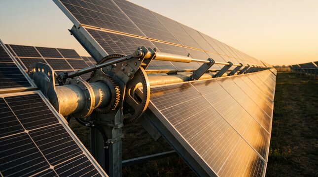 Close up of solar panel tracker mechanism at sunset. Photovoltaic power plant with sun tracking system for renewable energy generation. Sustainable electricity and future concept