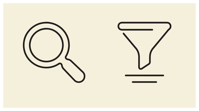 Minimalist line art icon set featuring a magnifying glass and funnel filter symbols filtering tool outline icons data analysis graphic design minimalist vector