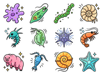 Obraz premium Various cartoon microorganisms with whimsical sparkles while depicting science and biology themes