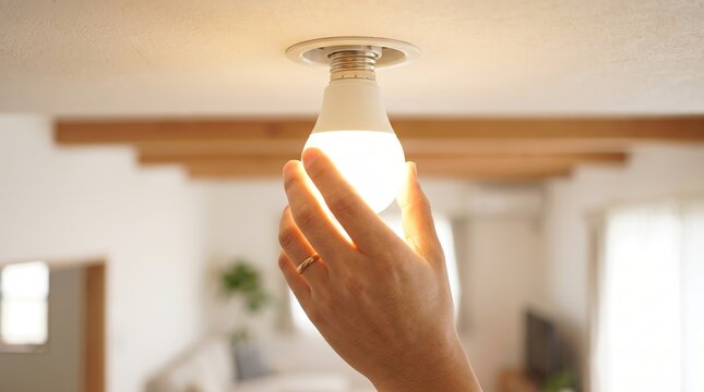 Hand touching glowing LED light bulb in ceiling socket. Home maintenance and energy efficient lighting installation. Electricity and illumination concept for domestic interior