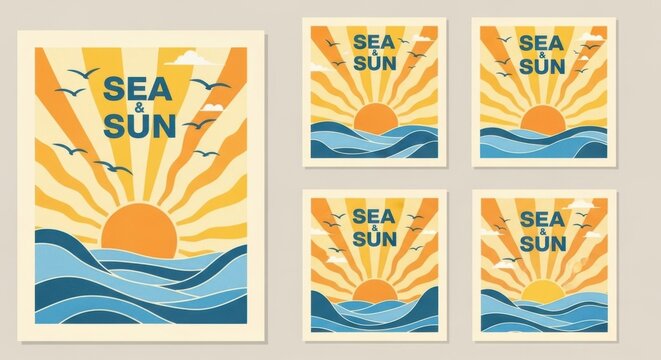 Sea and sun vintage poster set with sunset and waves