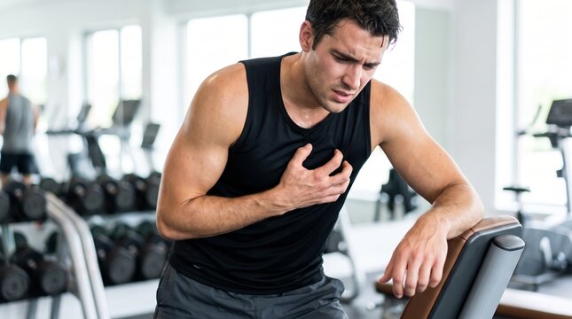 Man clutching chest with heart pain during workout in gym. Sudden cardiac attack and chest discomfort. Medical emergency, health risk and overexertion concept for fitness safety