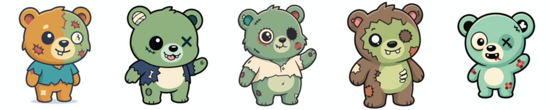 Set of 5 Cute Halloween Zombie bear Character Illustrations
