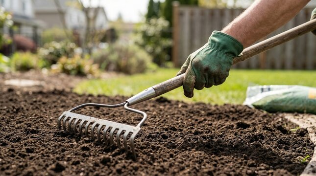 Man gardener raking soil with garden rake in backyard flower bed preparing ground for planting. Spring gardening work and organic farming concept for horticulture and agriculture season