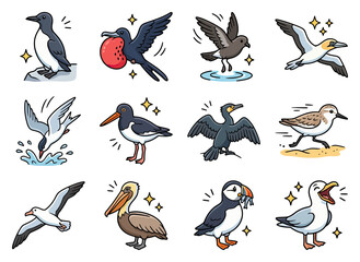 Obraz premium Various seabirds including a puffin with fish and a pelican while a gull squawks happily