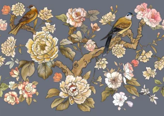 Elegant seamless chinoiserie pattern with birds, peonies, blossoms, and botanical branches in soft tones. Ideal for wallpaper, fabric, wrapping paper, and decorative backgrounds. © Elen  Lane