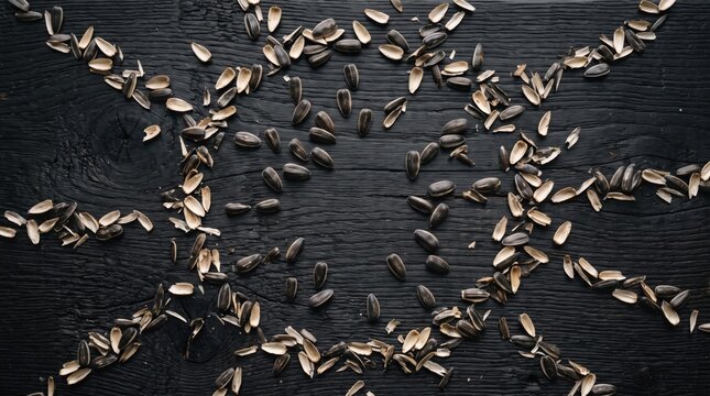 Sunflower seeds arranged in a sunburst pattern on a dark rustic wooden background.