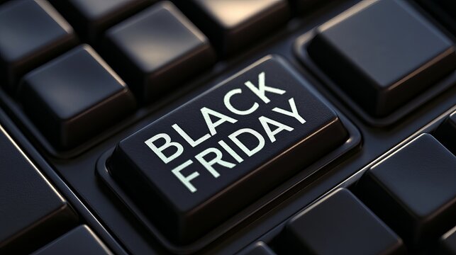 Black keyboard key prominently displays Black Friday text, representing online retail promotions and significant shopping discounts during the holiday season