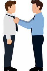 Obraz premium Hand-traced vector illustration of a senior mentor in a blue dress shirt carefully tying the necktie of a younger colleague in a white shirt before an important business meeting
