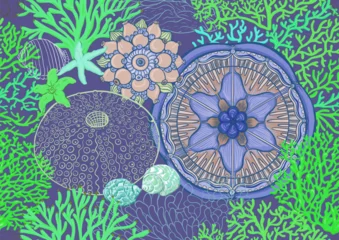Colorful seamless marine pattern with corals, seahorses, fish, turtles, shells and sea plants, hand drawn vector illustration for wallpaper, textile, packaging and decorative print. © Elen  Lane