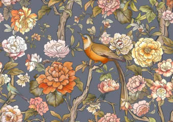 Elegant seamless chinoiserie pattern with birds, peonies, blossoms, and botanical branches in soft tones. Ideal for wallpaper, fabric, wrapping paper, and decorative backgrounds. © Elen  Lane