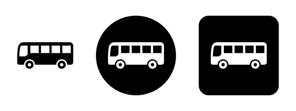 Bus vector set with bus, transit, transport, vehicle and passenger symbols for public transportation apps, travel websites, route maps, navigation systems and digital interfaces.