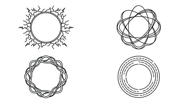 Abstract Geometric Circle Frame Vector Set Featuring Lightning Energy Ring Interlocking Wave Loops Orbital Atom Paths and Dashed Circular Line Art Elements (23 words)