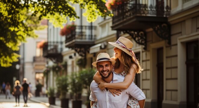 Happy couple in summer hats piggybacking on a sunny city street